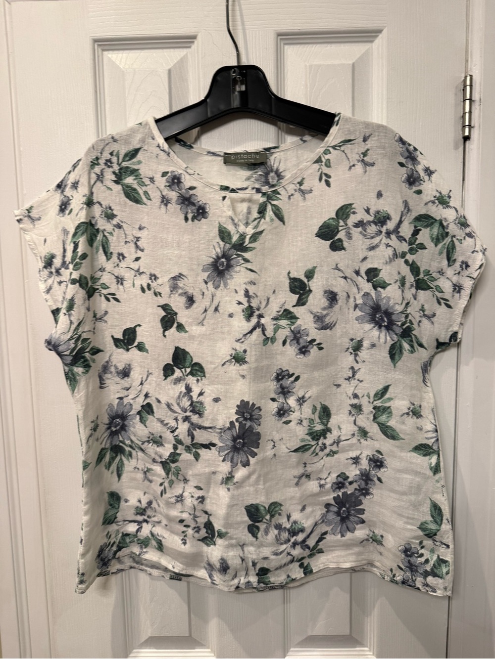 White Floral Short Sleeve Linen Top
